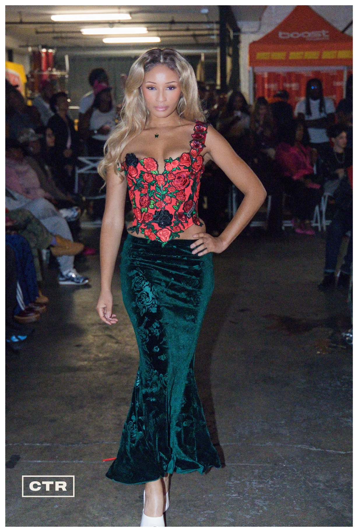 Runway — patched denim and white tie